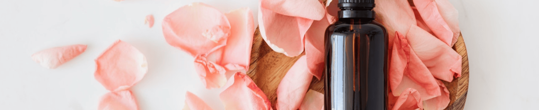 Amber glass bottle of botanical face oil surrounded by rose petals – handmade organic skincare by Olive Plus Sage.