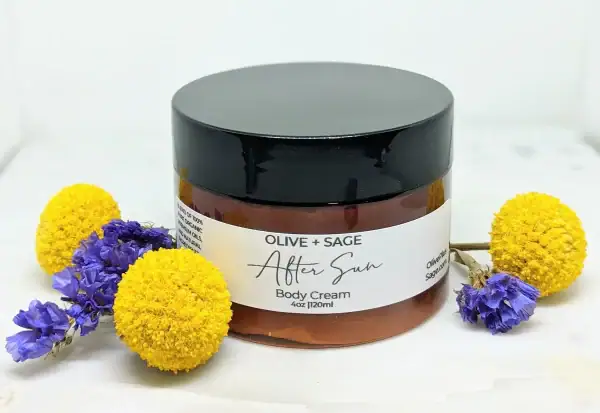 After Sun Body Cream jar with lid on, natural sun care for skin