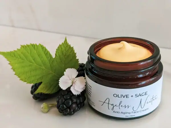 Ageless Nectar Face Cream with blackberries, green leaf, and flowers – botanical anti-aging cream