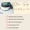 Olive Plus Sage skincare values banner: 100% natural ingredients, waterless formula, no preservatives, made in the USA.