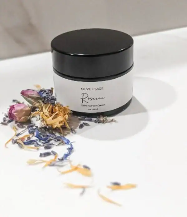 Glass jar of rosacea face cream for gentle hydration—supports red, dry, and sensitive skin.