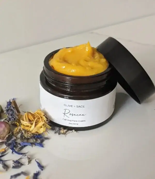 Rosacea calming cream with calendula, chamomile, and tamanu oil—botanical relief for red, irritated skin.