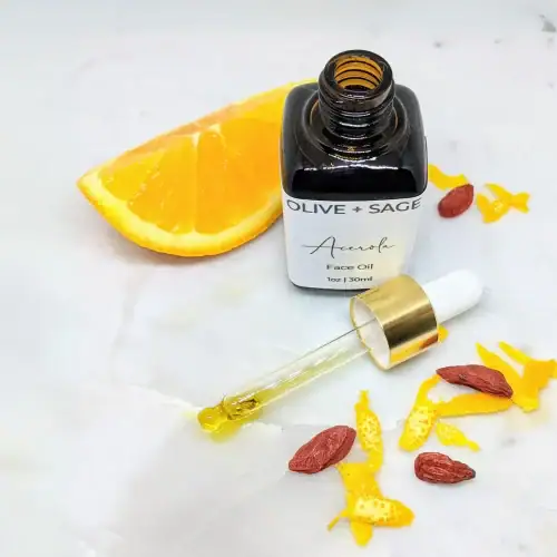Vitamin C Face Oil with dropper and fresh orange slices – brightening, antioxidant-rich skincare