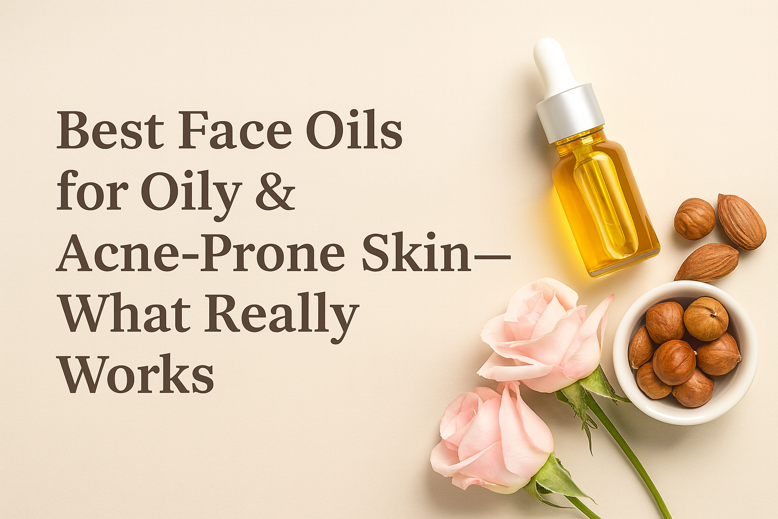 Flat lay of botanical oil dropper bottle with aloe, leaves, and rosemary, featuring the text “Best Face Oils for Oily & Acne-Prone Skin” for Olive + Sage blog post.