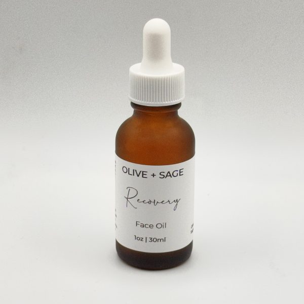 Organic Recovery Face Oil in amber glass dropper bottle for sensitive skin.