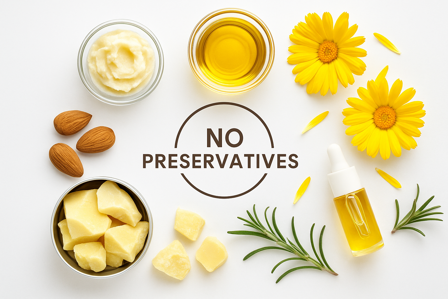 Preservative-free natural skincare ingredients from Olive Plus Sage, including botanical oils and butters in amber jars