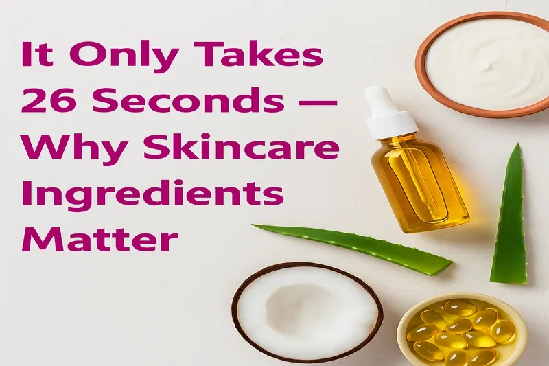 Flatlay of natural skincare ingredients with overlay text: It Only Takes 26 Seconds — Why Skincare Ingredients Matter