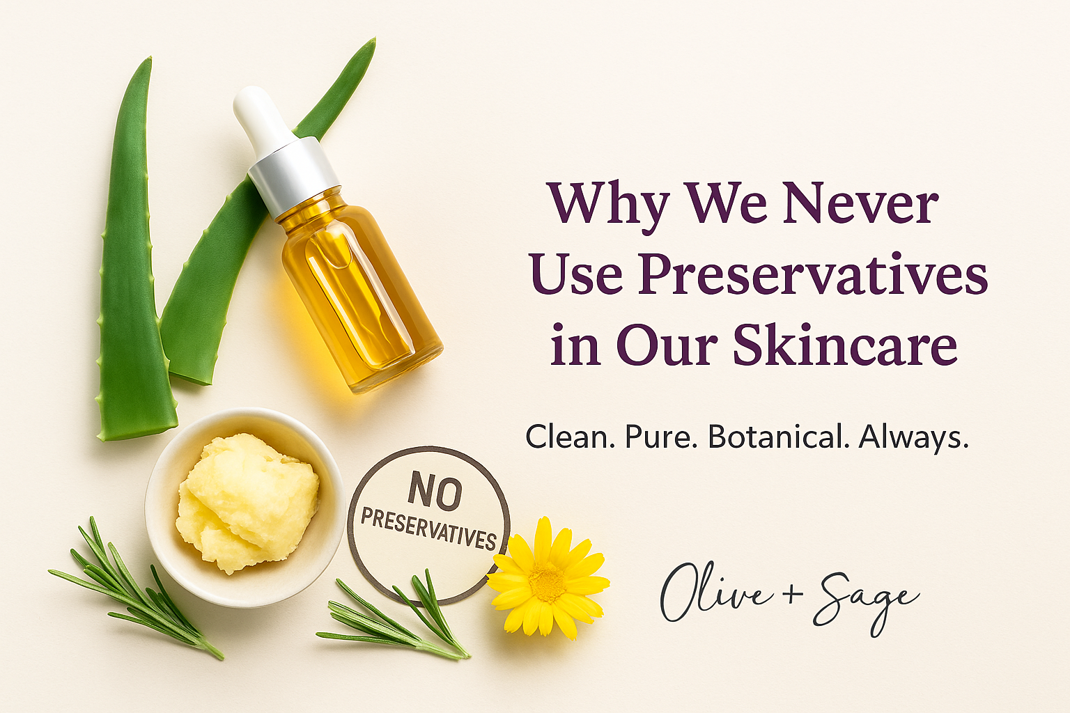 No preservatives skincare graphic with natural oils, flowers, and balm — Olive Plus Sage clean beauty visual