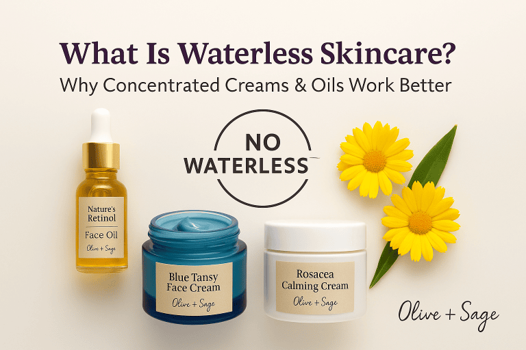 Olive Plus Sage waterless skincare products — Nature’s Retinol Face Oil, Blue Tansy Face Cream, and Rosacea Calming Cream with calendula flowers.