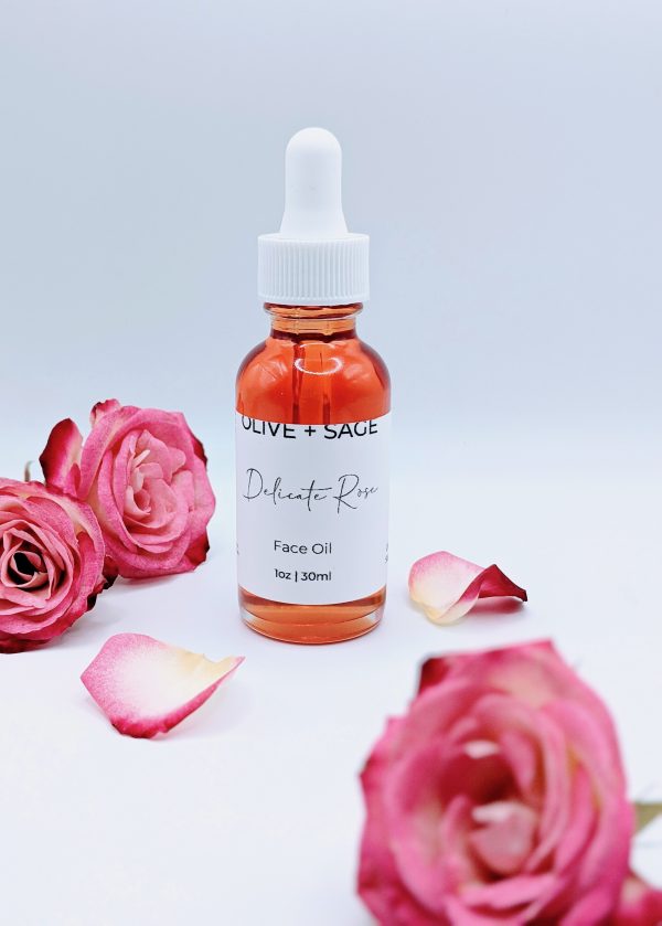 Luxury botanical rose face oil by Olive + Sage for radiant glowing skin