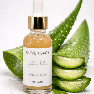 Aloe Plus Hydrating Serum bottle with fresh aloe vera leaves