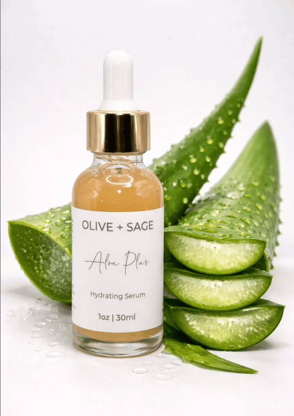 Aloe Plus Hydrating Serum bottle with fresh aloe vera leaves