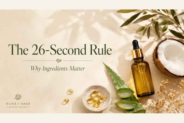 Amber skincare dropper bottle with aloe, coconut, and botanical oils beside the text The 26-Second Rule: Why Ingredients Matter.