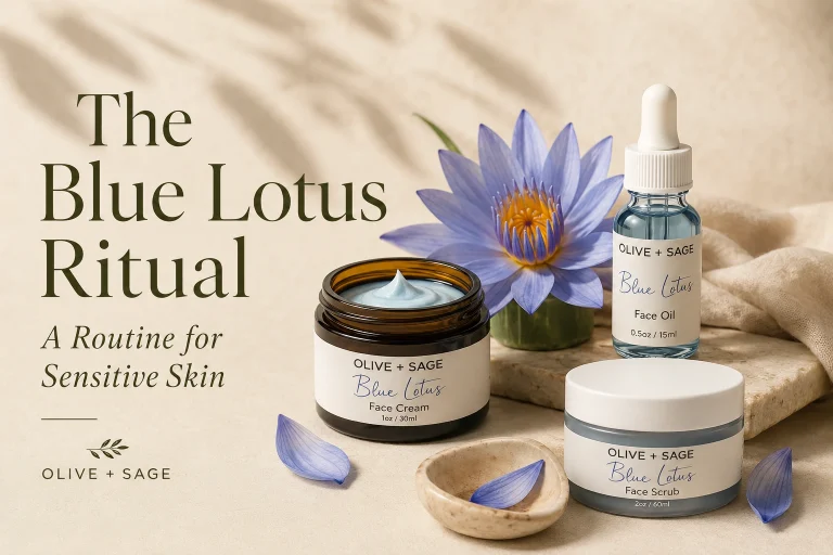 Blue Lotus face cream, face oil, and face scrub arranged with a blue lotus flower beside the text The Blue Lotus Ritual.