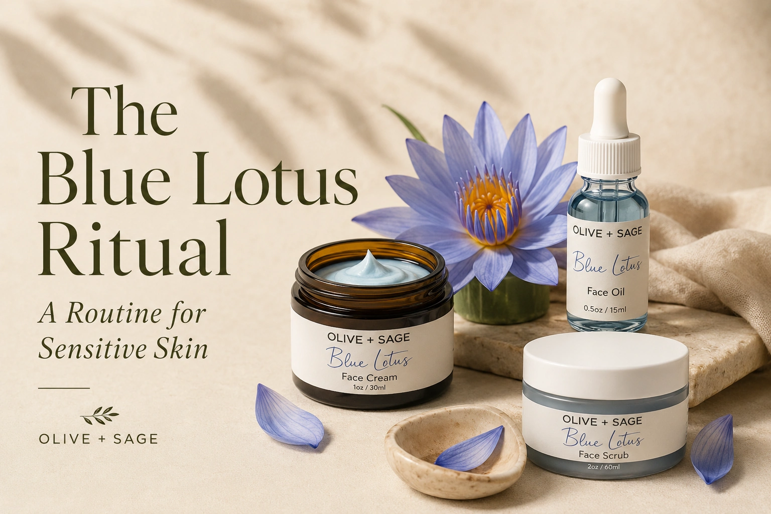 Blue Lotus face cream, face oil, and face scrub arranged with a blue lotus flower beside the text The Blue Lotus Ritual.