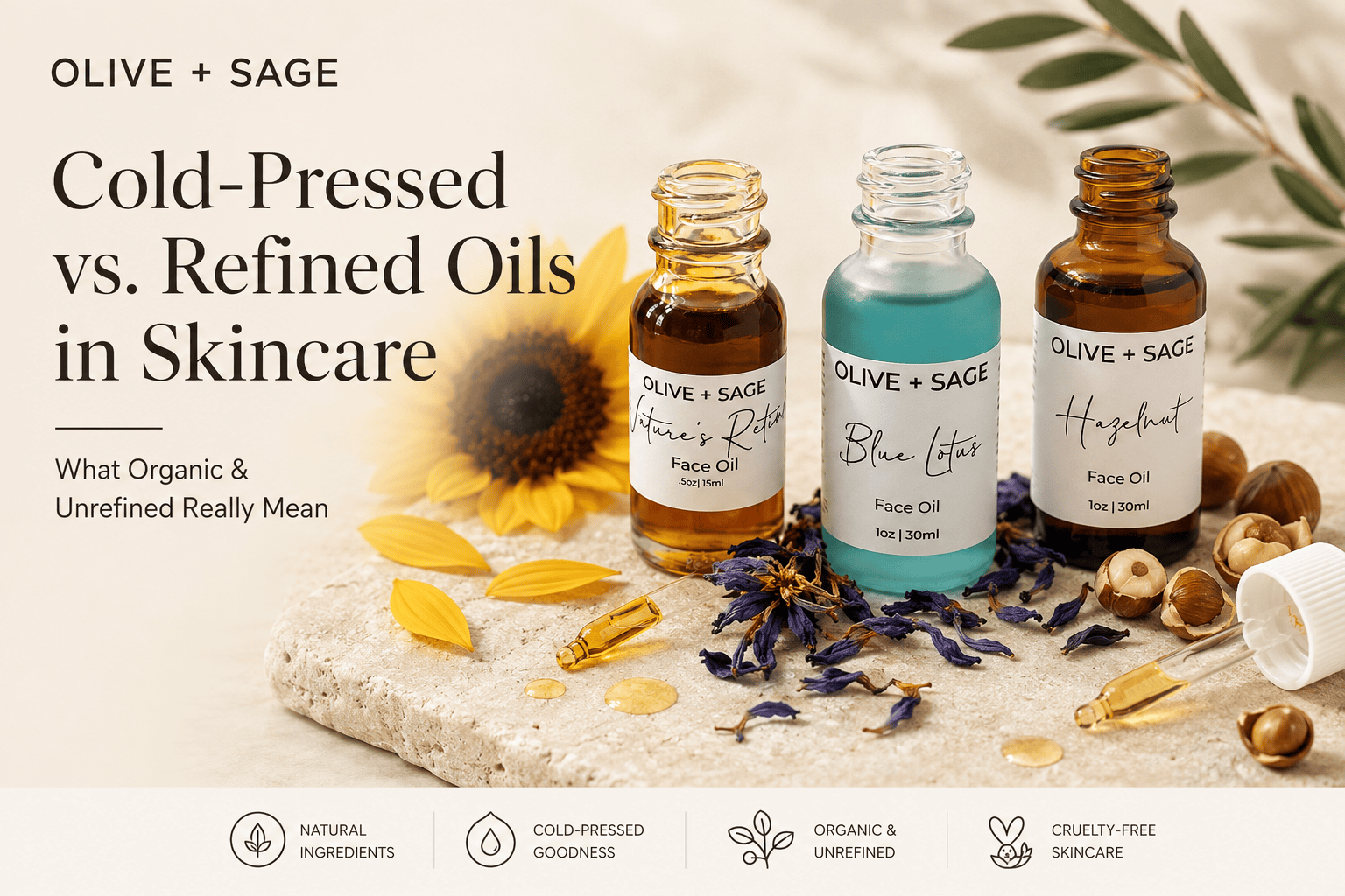 Cold-pressed oils in skincare featuring Olive + Sage Nature’s Retinol, Blue Lotus, and Hazelnut Face Oils