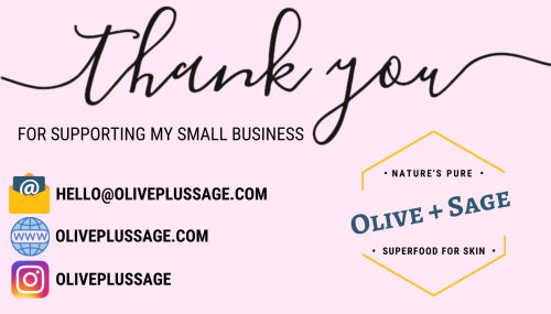 Olive Plus Sage business card – contact details for handmade organic skincare brand